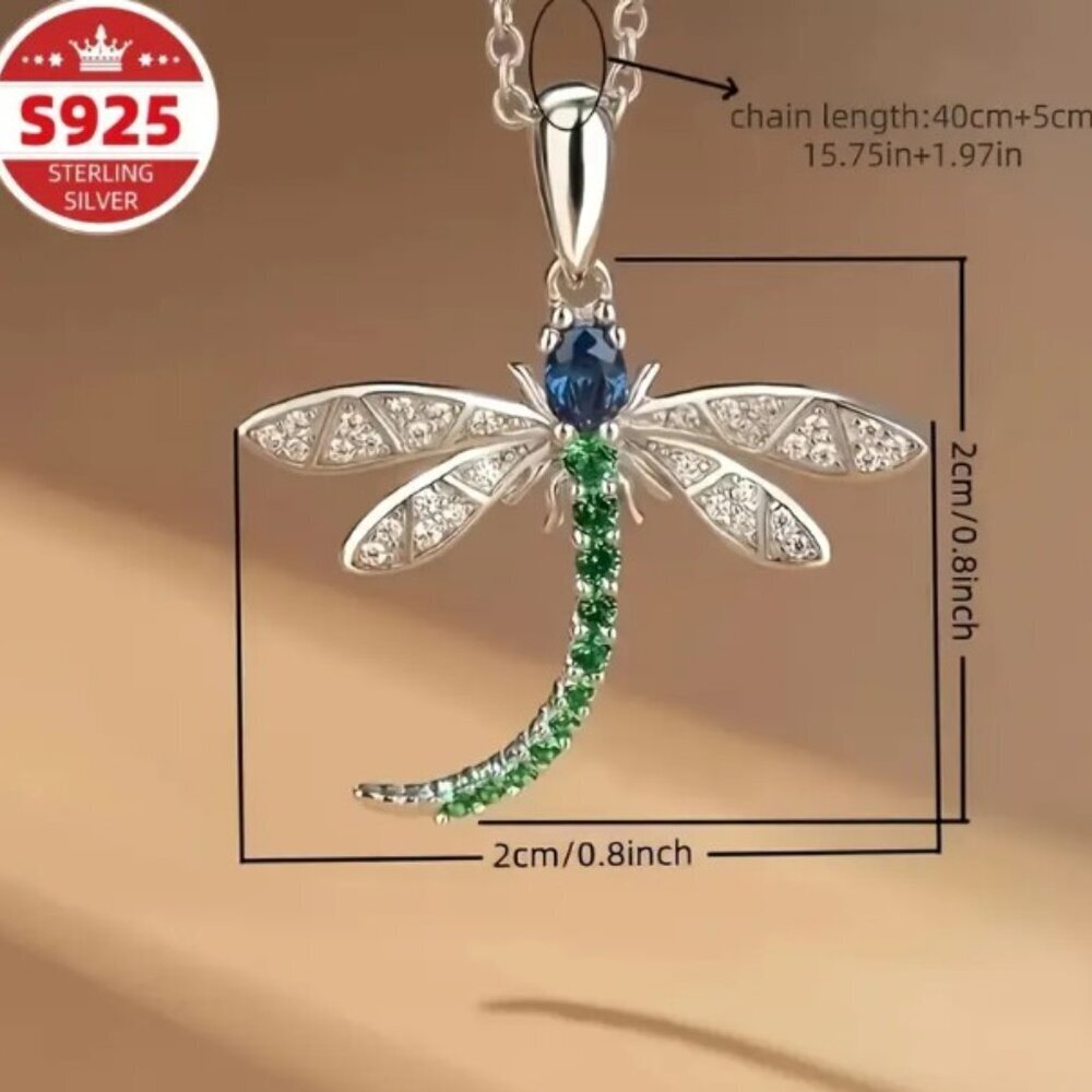 S925 Sterling Silver Dragonfly Pendant Artificially Synthesized Zirconia - Picture 3 of 10